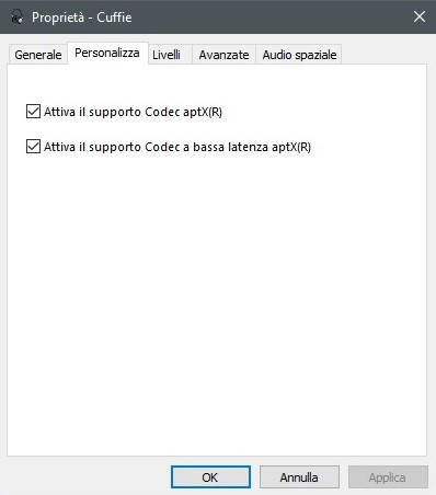 Windows 10 supporto codec Aptx e bassa latenza Aptx